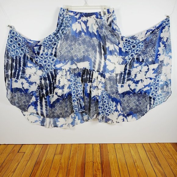 MAXI SKIRT (+ Slip) Asymmetrical Blue & White Abstract Floral Sz XL - Picture 5 of 10
